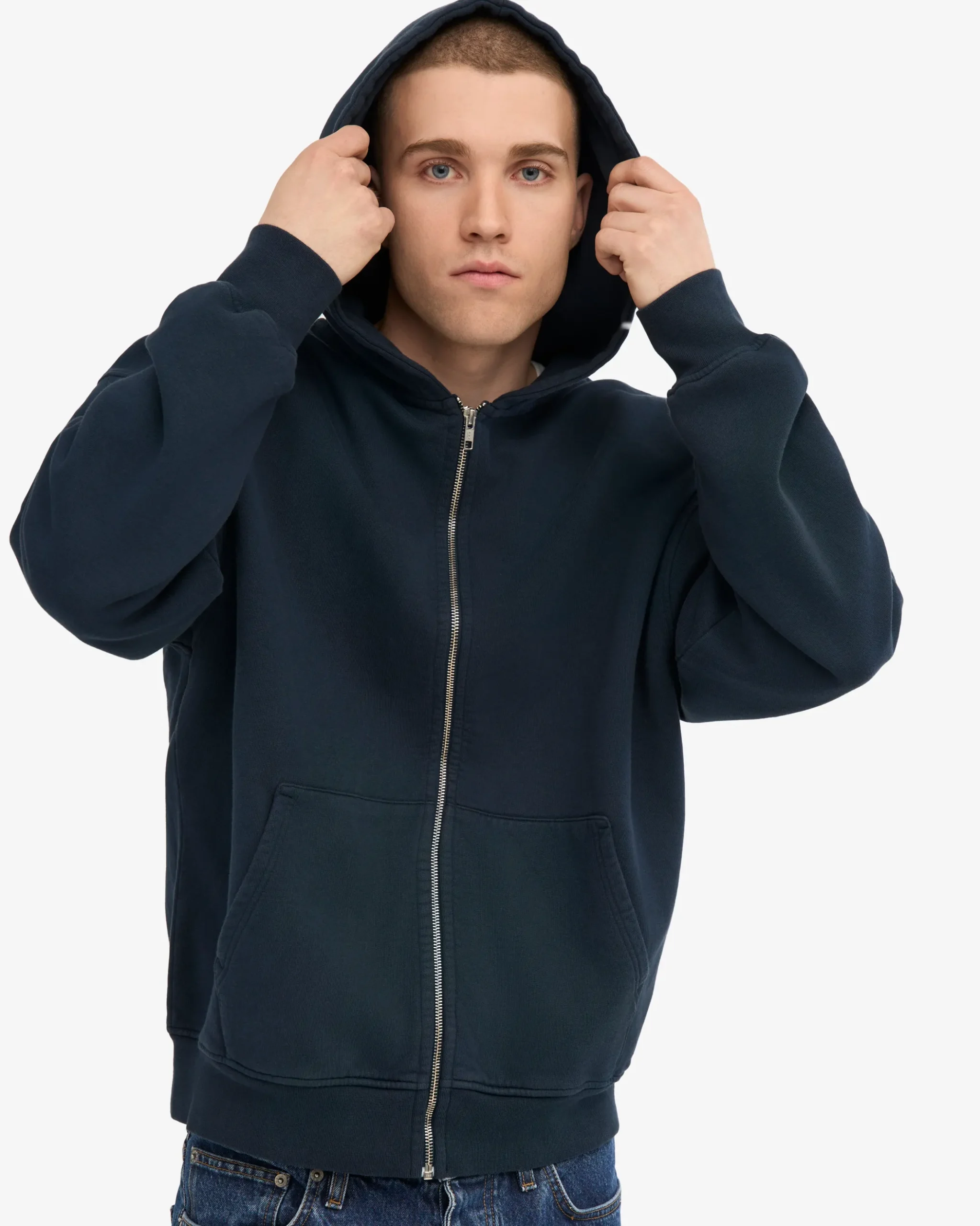 Organic Oversized Zip Hood - Navy Blue
