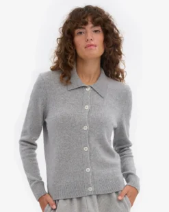 Women Merino Wool Collar Cardigan - Heather Grey