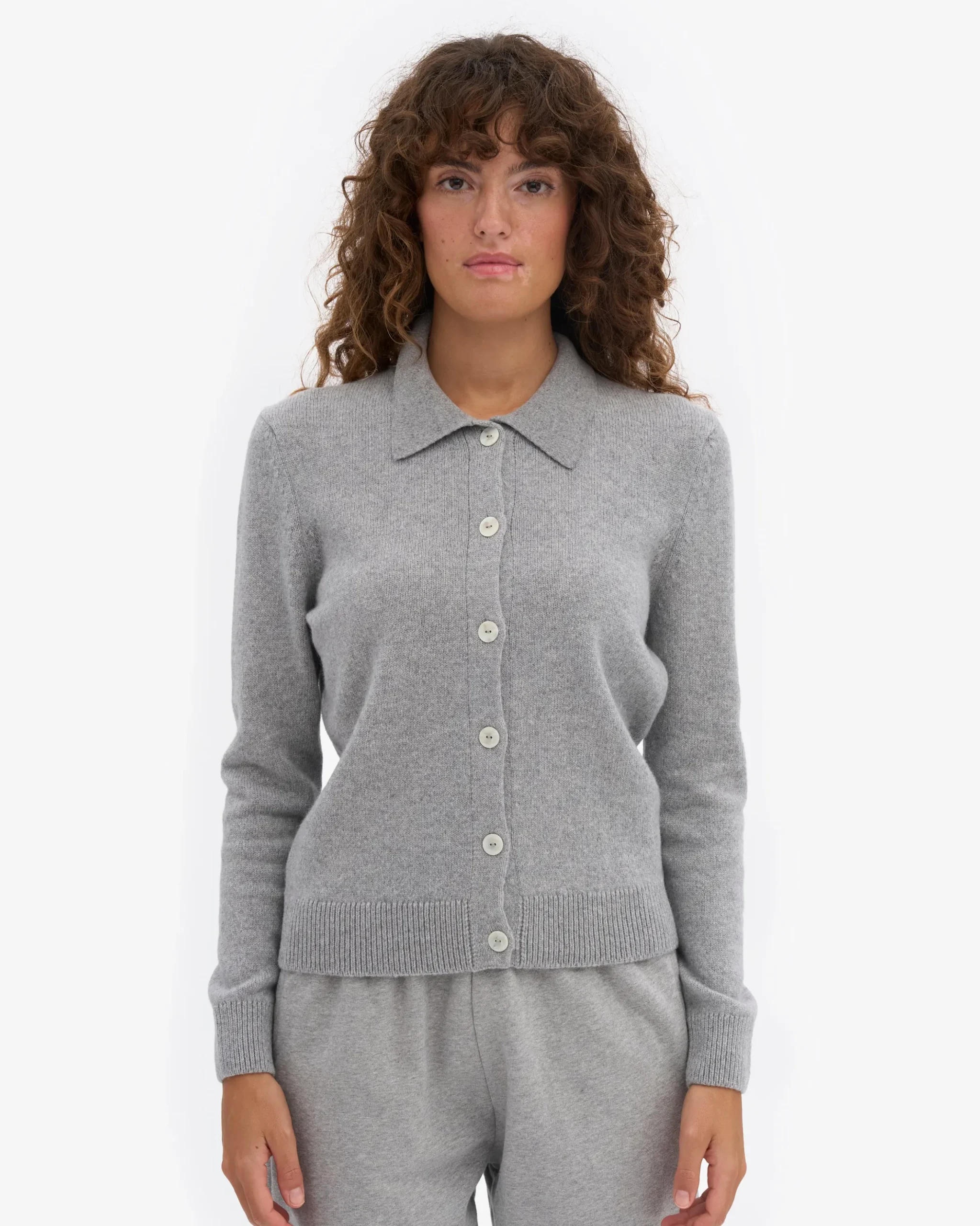 Women Merino Wool Collar Cardigan - Heather Grey