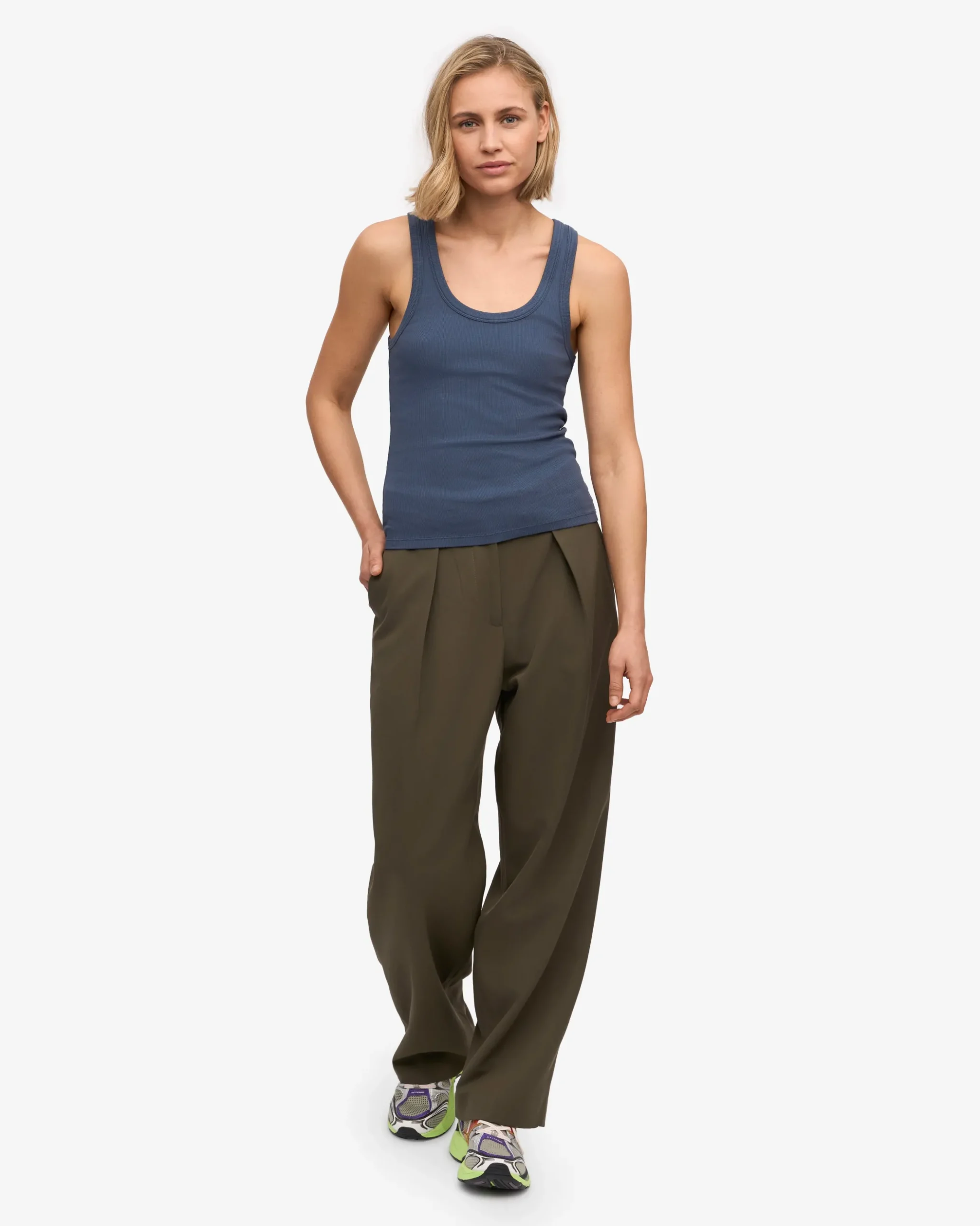 Women Organic Rib Tank Top - Petrol Blue